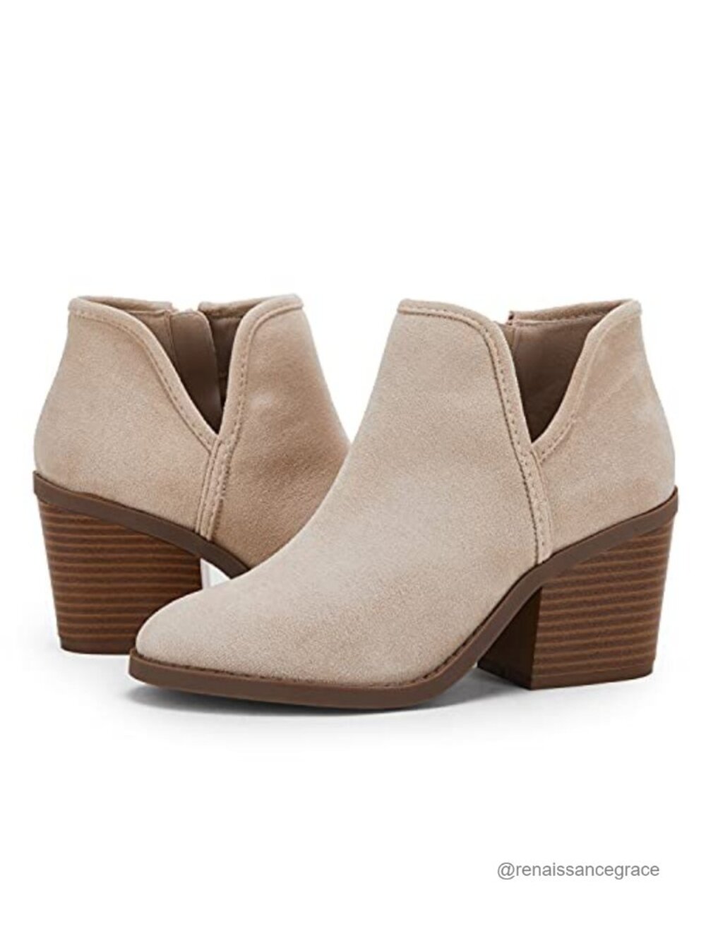 Women's Chunky Stacked Heel Ankle Boots Faux Suede Side Zipper Booties